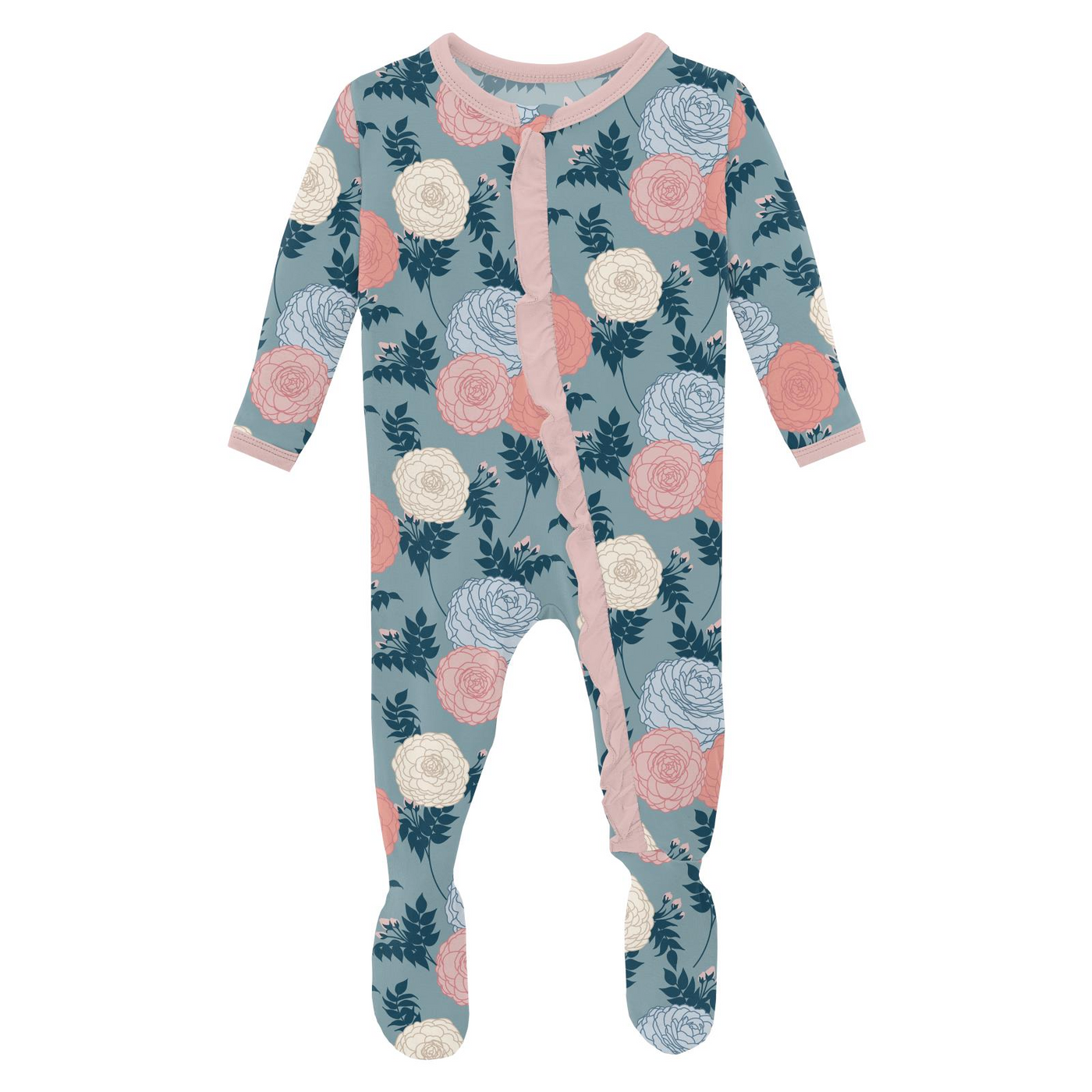 Kickee Pants Ruffle Footie With 2 Way Zipper: Stormy Sea Enchanted Floral