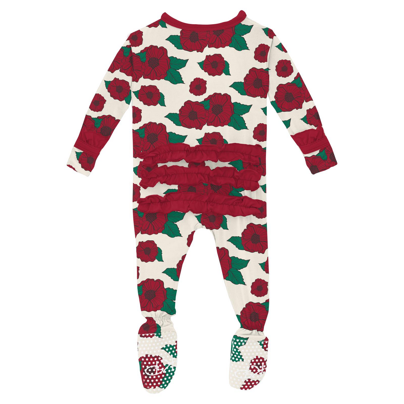 Kickee Pants Ruffle Footie with 2 Way Zipper: Holiday Poppies