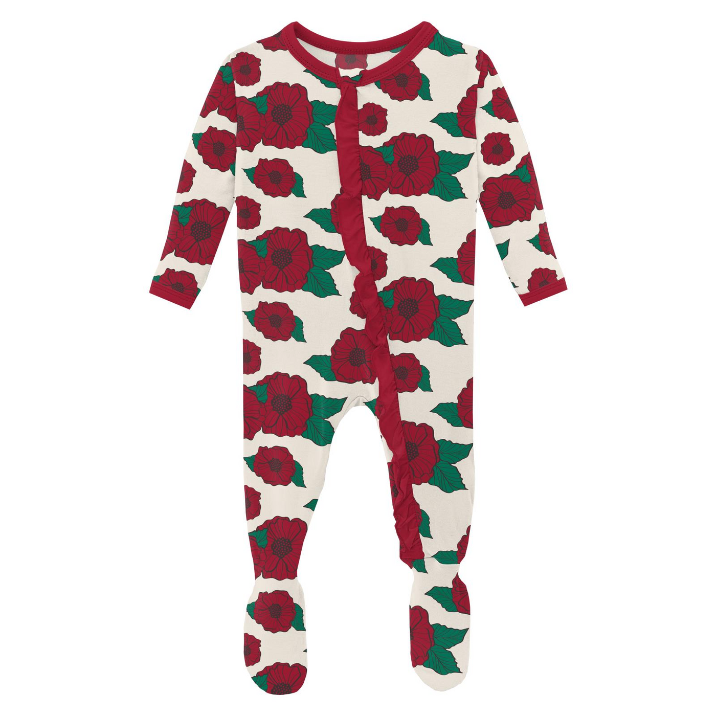 Kickee Pants Ruffle Footie with 2 Way Zipper: Holiday Poppies