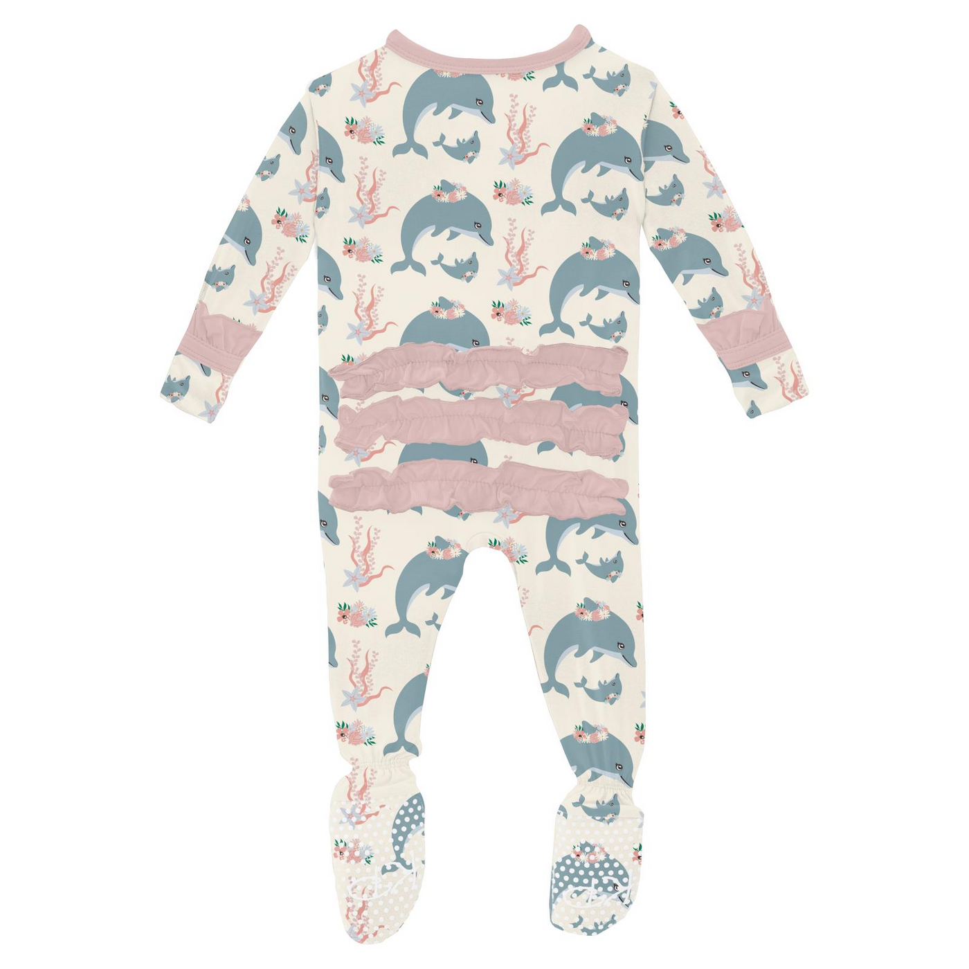 Kickee Pants Ruffle Footie with 2 Way Zipper: Natural Dolphins