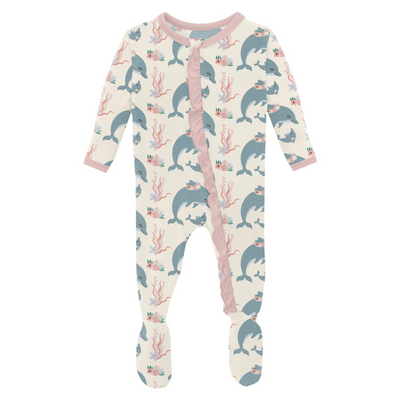 Kickee Pants Ruffle Footie with 2 Way Zipper: Natural Dolphins