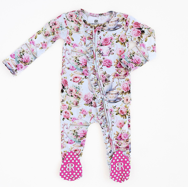 Bums & Roses Ruffle Footie: Tea-rific