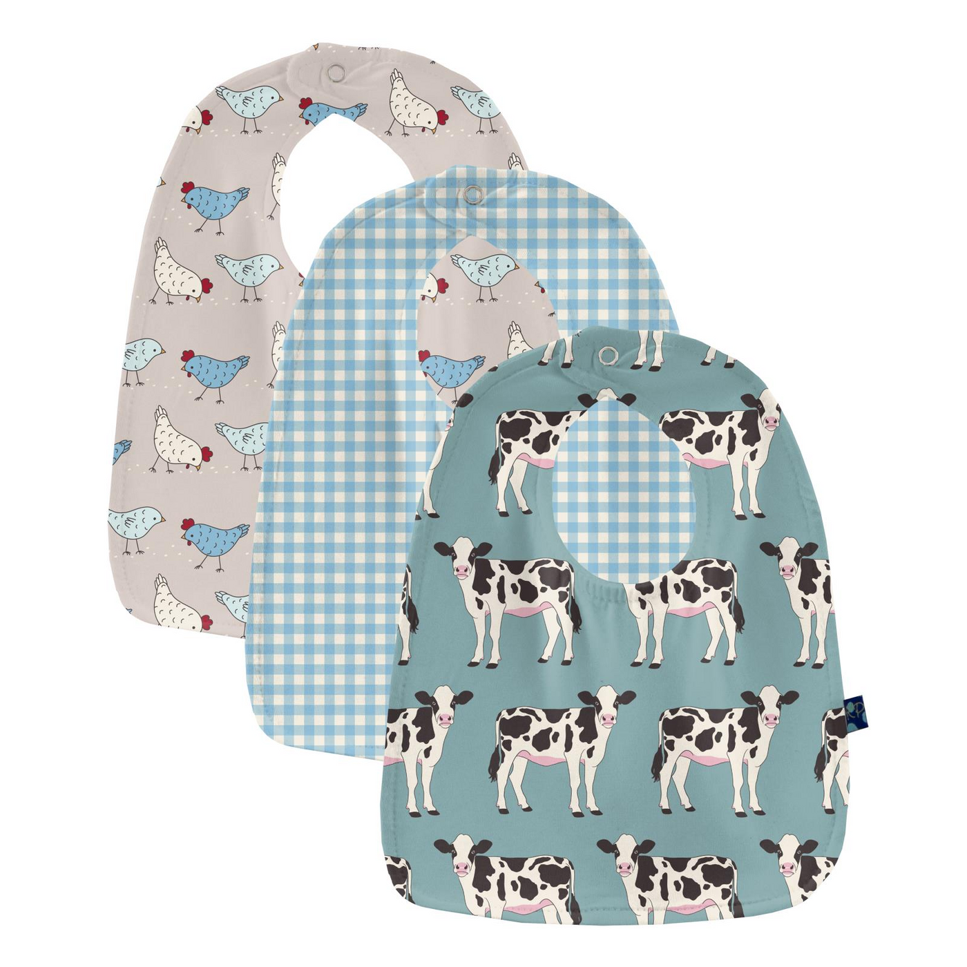 PRESALE Kickee Pants Bib Set of 3: Jade Cows, Seaside Blue Gingham & Latte Chickens