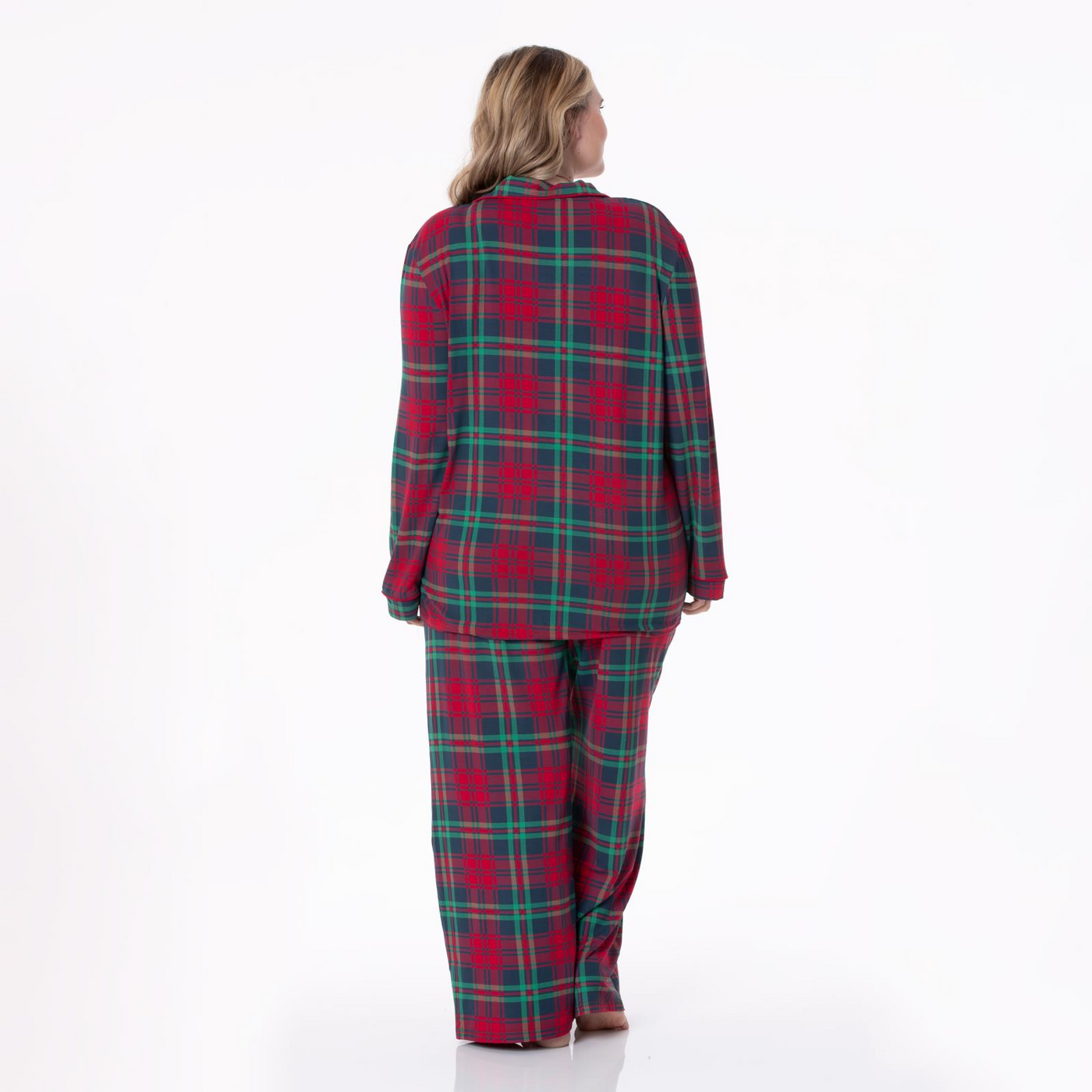 Kickee Pants Women's Long Sleeve Collared Pajama Set: Peacock Plaid