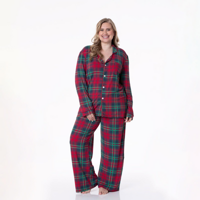 Kickee Pants Women's Long Sleeve Collared Pajama Set: Peacock Plaid