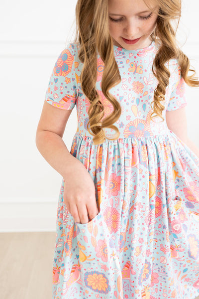 Mila & Rose:  Blue Retro Unicorns S/S Pocket Twirl Dress