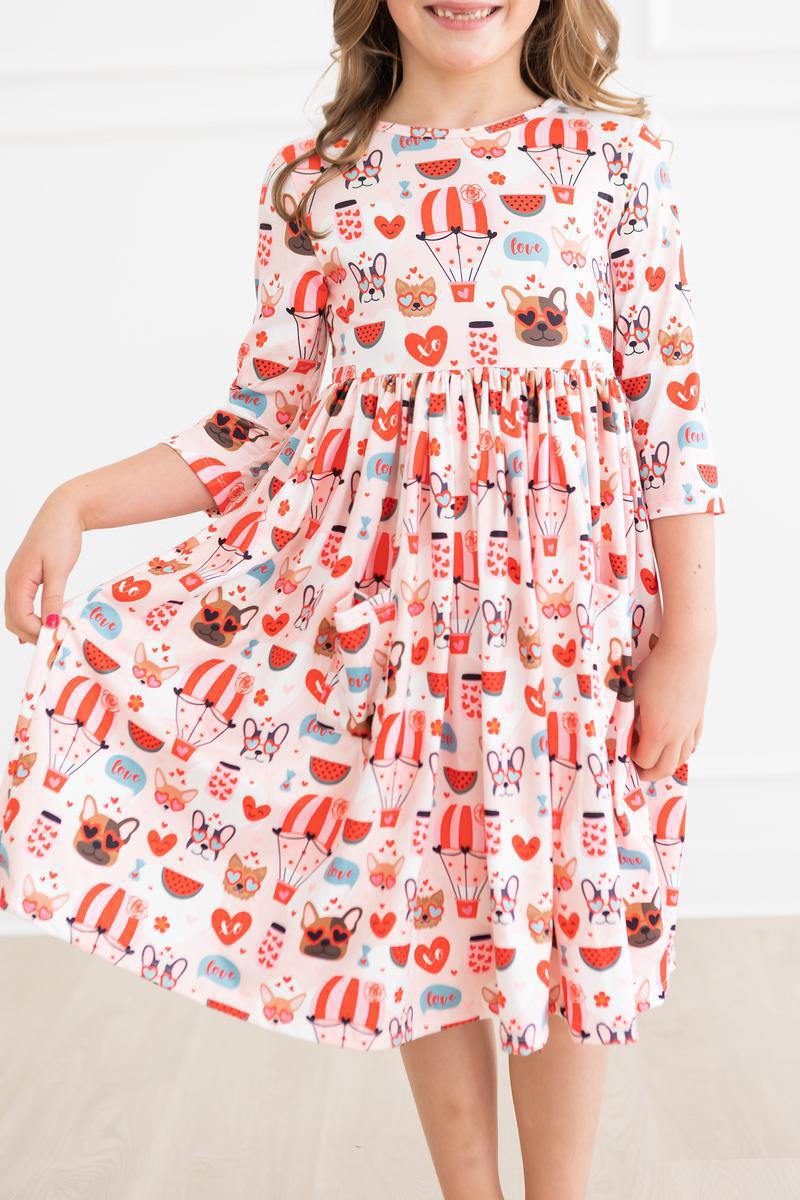 Mila & Rose:  Puppy Love 3/4 Sleeve Pocket Twirl Dress