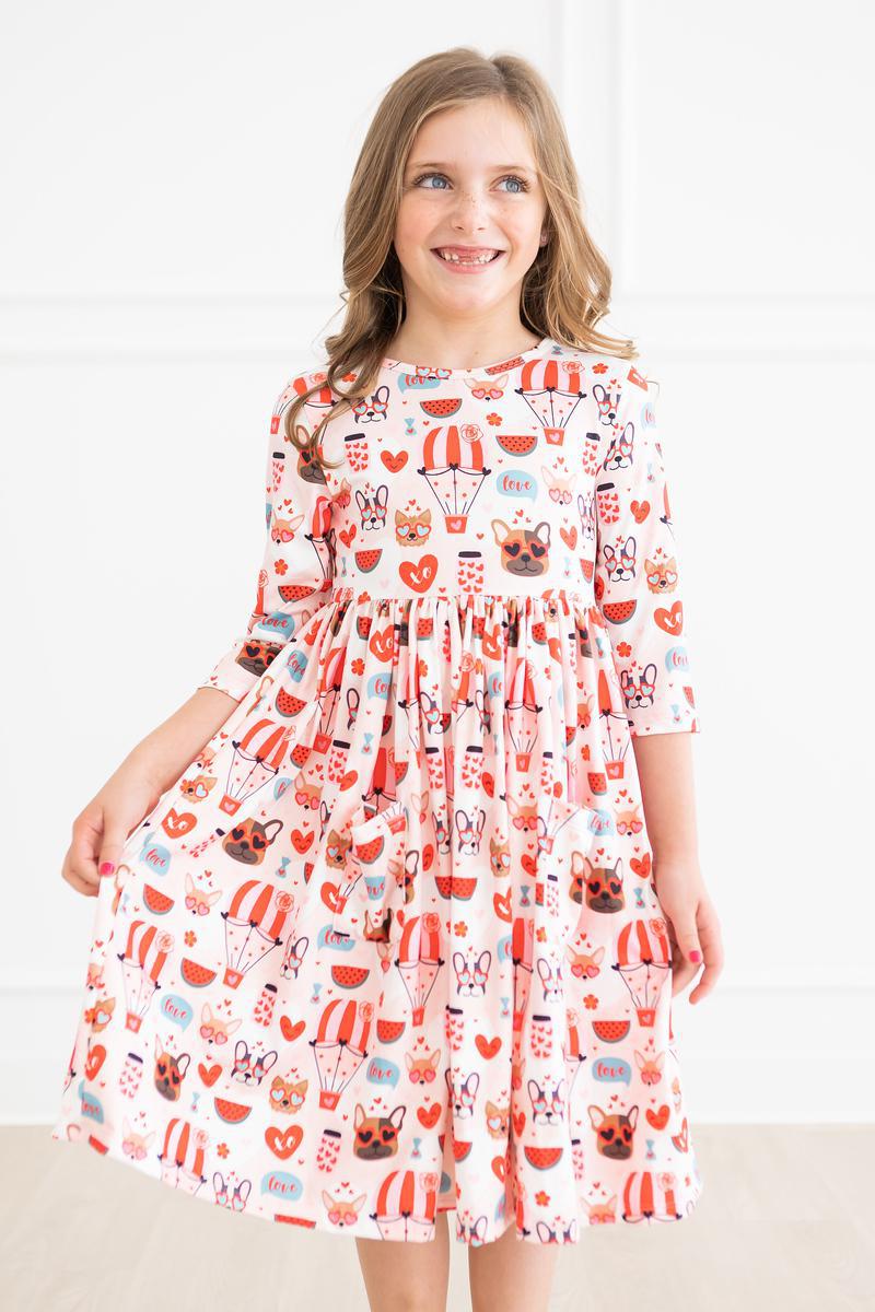 Mila & Rose:  Puppy Love 3/4 Sleeve Pocket Twirl Dress