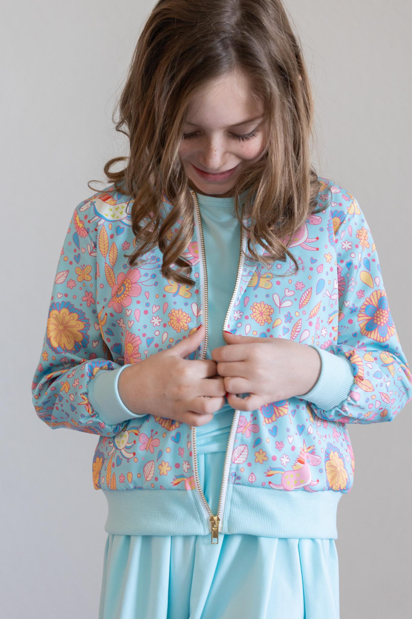 Mila & Rose:  Blue Retro Unicorns Satin Jacket