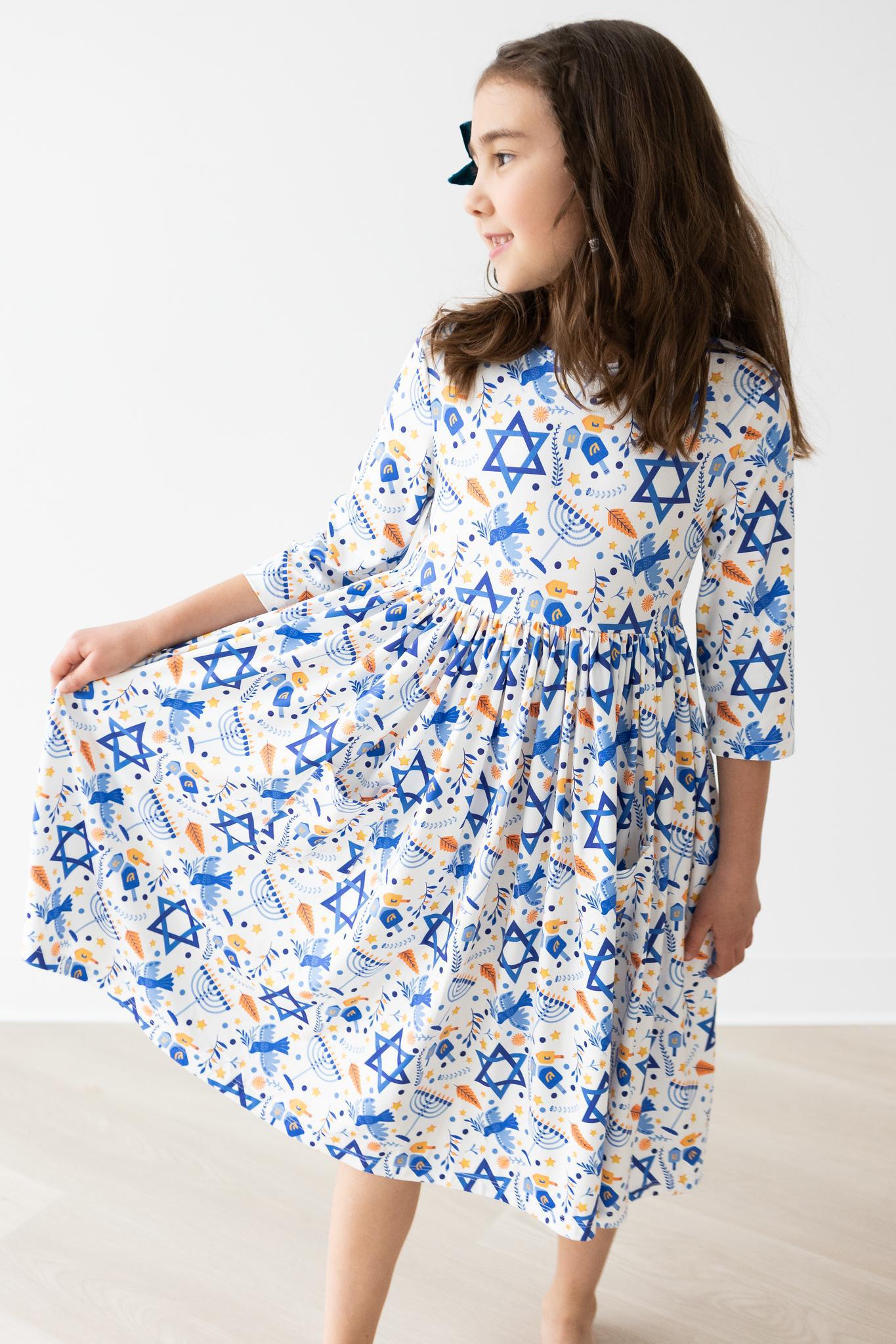 Mila & Rose:  Happy Hanukkah 3/4 Sleeve Pocket Twirl Dress