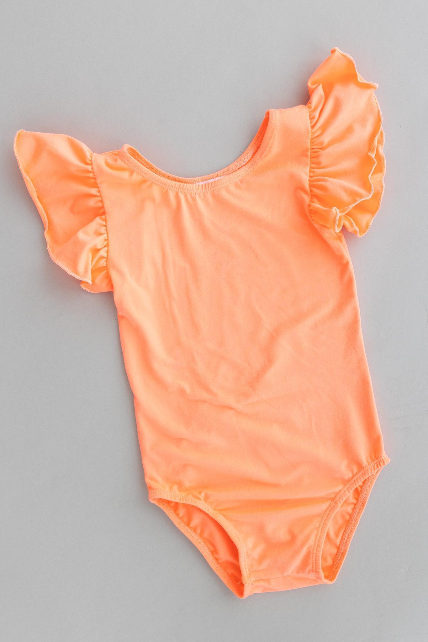 Mila & Rose:  Neon Coral S/S Flutter Sleeve Leotard