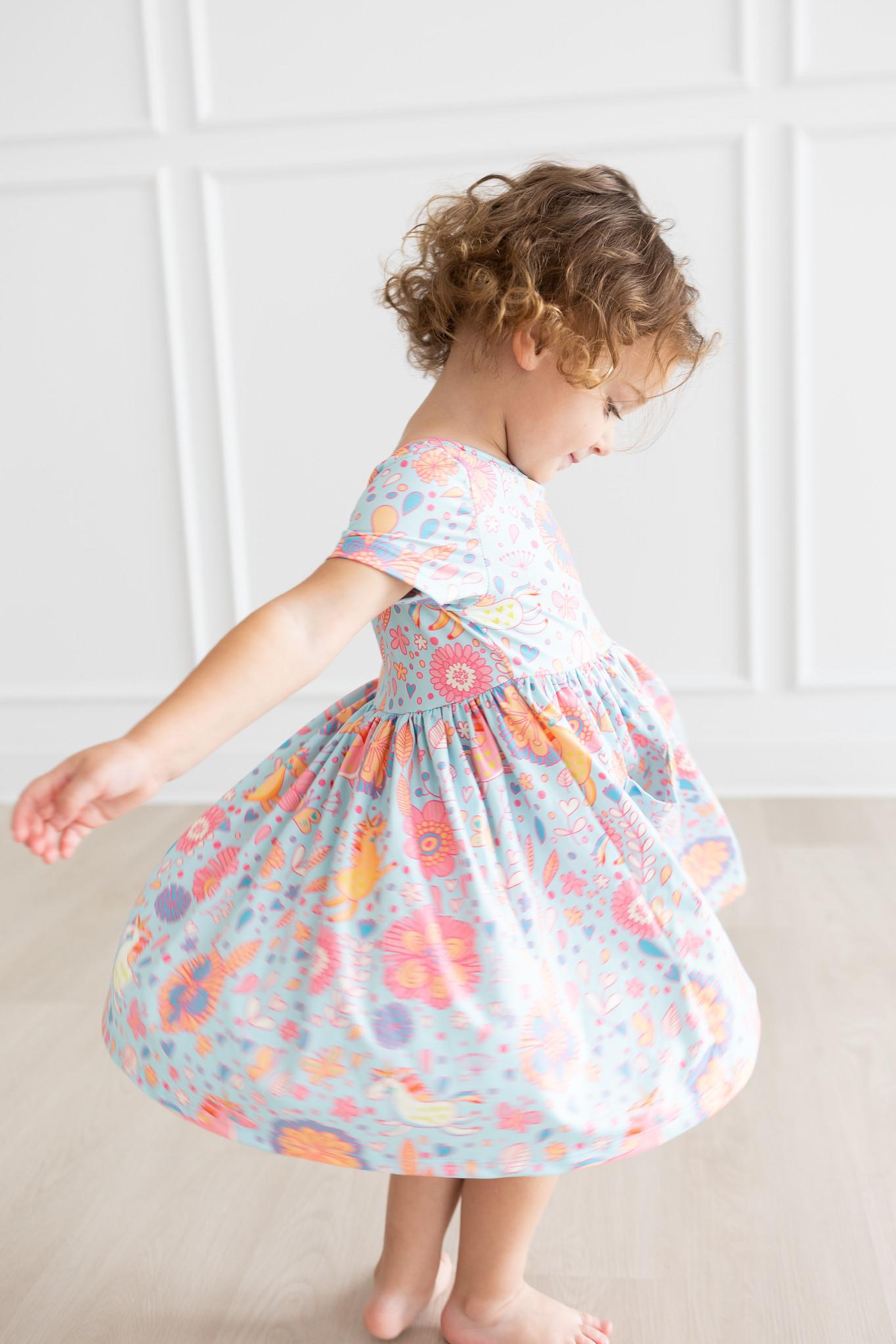 Mila & Rose:  Blue Retro Unicorns S/S Pocket Twirl Dress