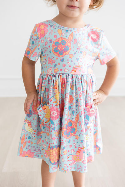 Mila & Rose:  Blue Retro Unicorns S/S Pocket Twirl Dress