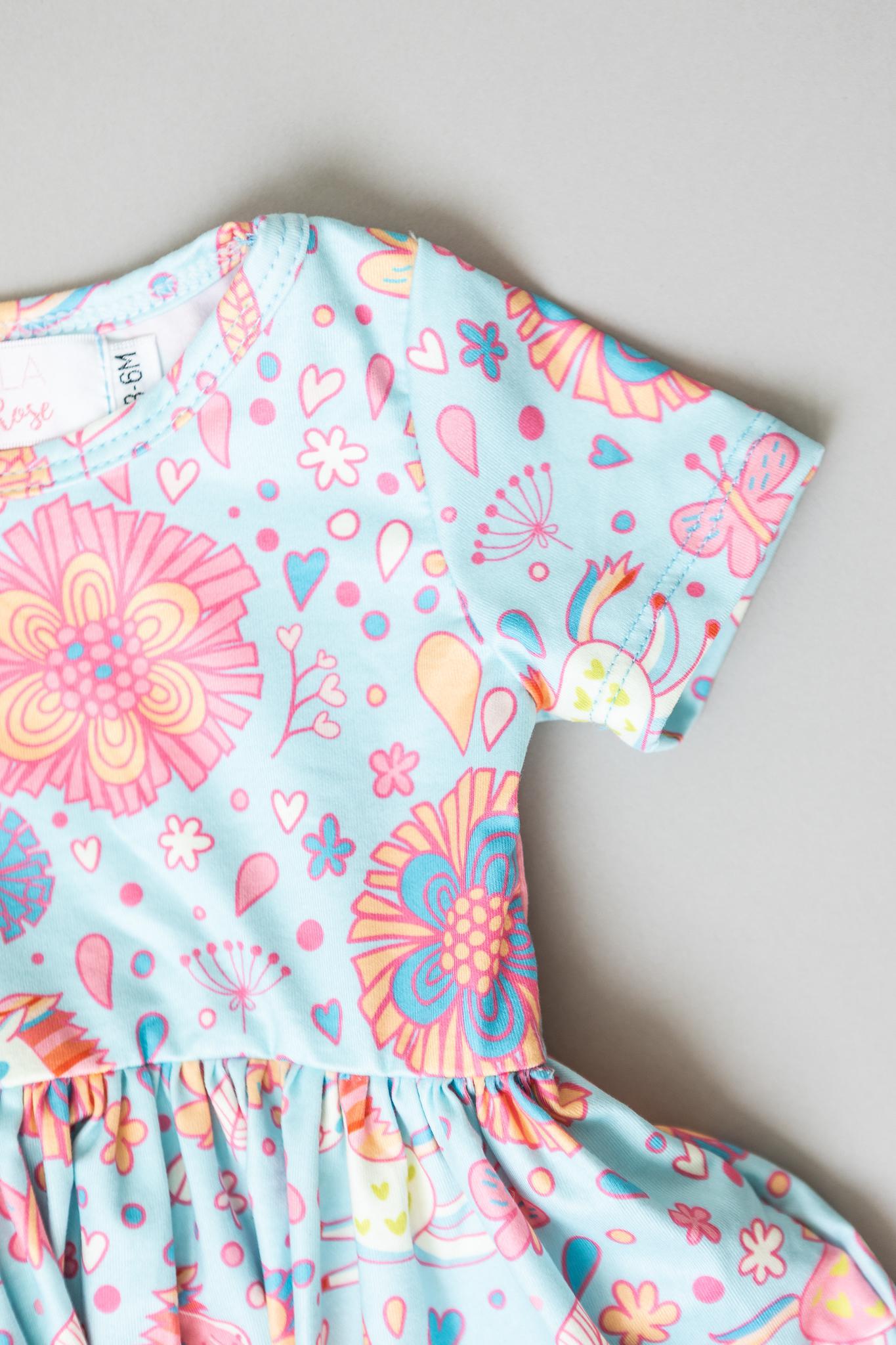 Mila & Rose:  Blue Retro Unicorns S/S Twirl Bodysuit