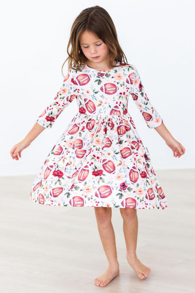 Mila & Rose:  Footballs & Flowers 3/4 Sleeve Pocket Twirl Dress