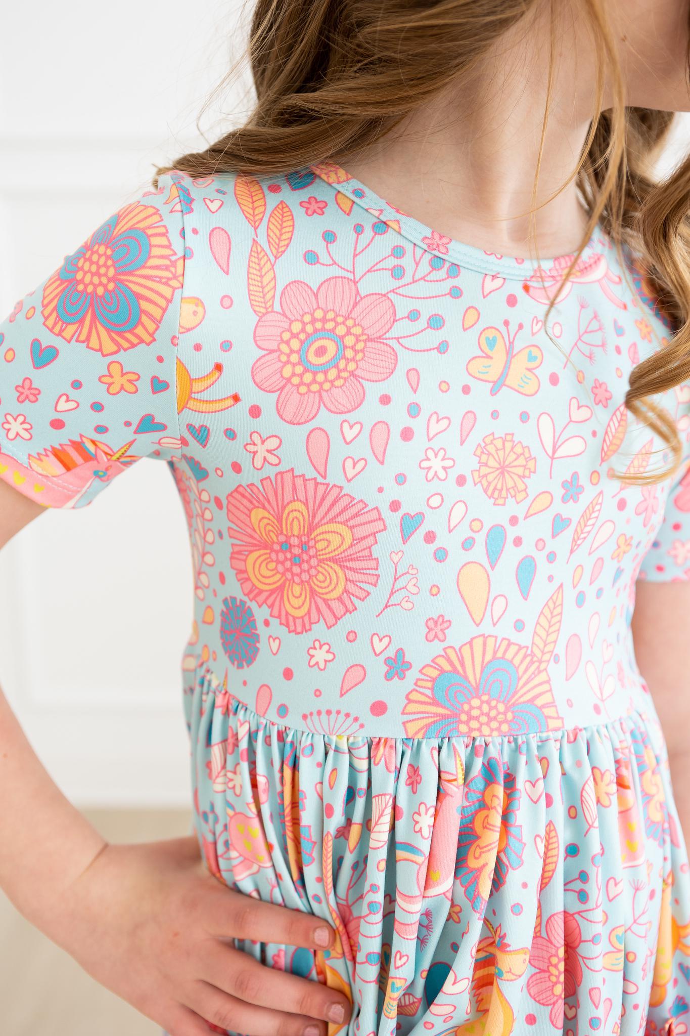 Mila & Rose:  Blue Retro Unicorns S/S Pocket Twirl Dress