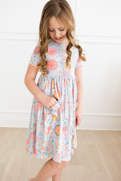 Mila & Rose:  Blue Retro Unicorns S/S Pocket Twirl Dress