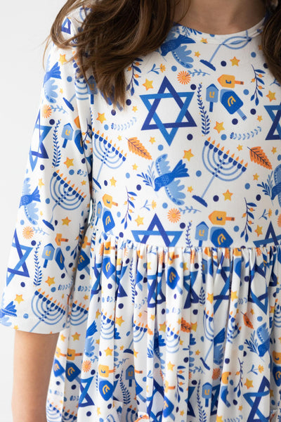 Mila & Rose:  Happy Hanukkah 3/4 Sleeve Pocket Twirl Dress