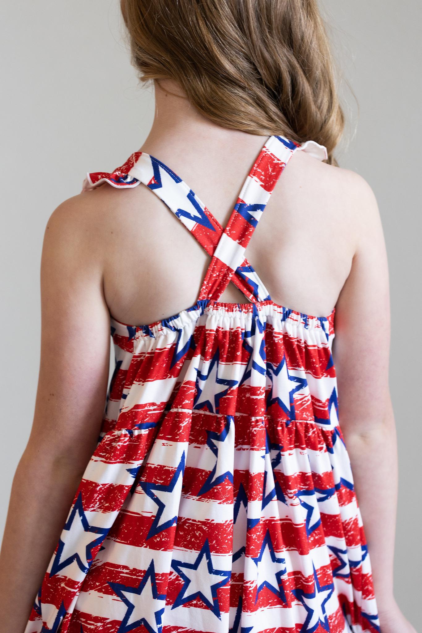 Mila & Rose:  Stars & Stripes Ruffle Cross Back Dress