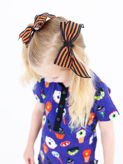 Birdie Bean Clippy Bow: Orange/Black Stripe